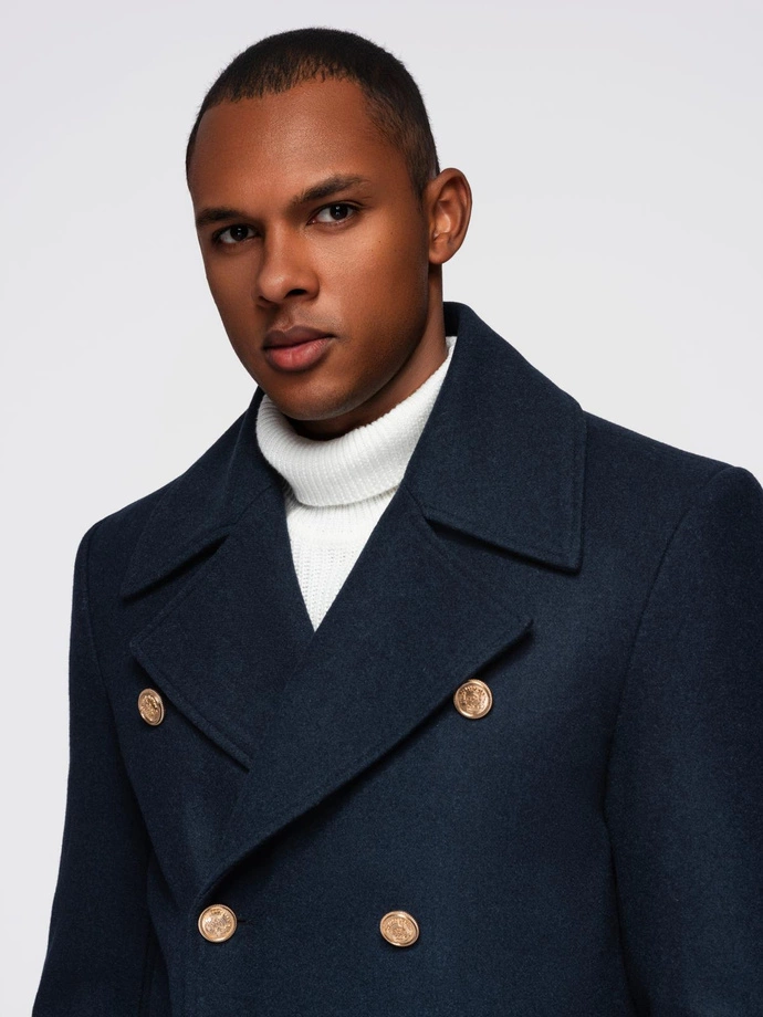 Men's navy double-breasted wool coat - navy blue V1 OM-COWC-0134