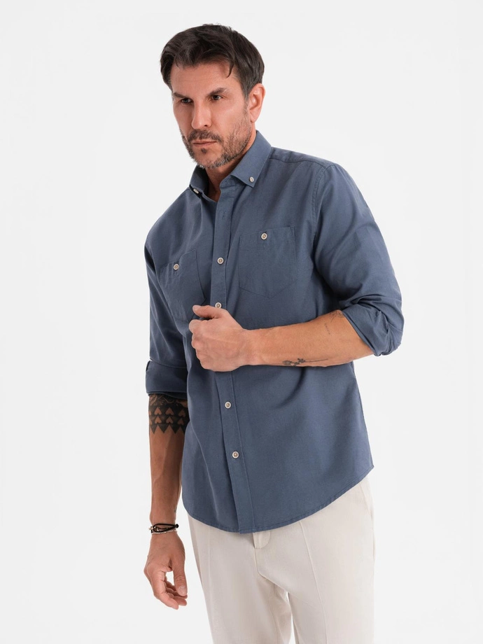 Men's linen shirt with classic collar and pockets REGULAR FIT - blue V4 OM-SHCS-0134