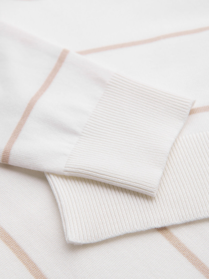 Men's horizontal striped polo longsleeve with viscose - white and beige V4 OM-POLS-0146