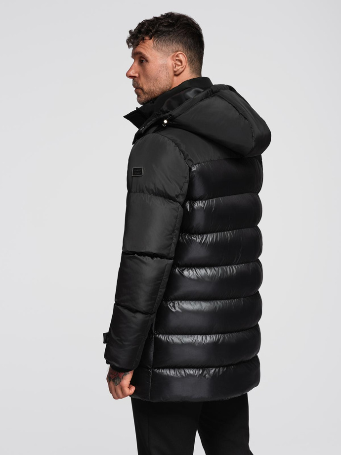 Men's quilted jacket with high collar and hood - black V1 OM-JALJ-0266