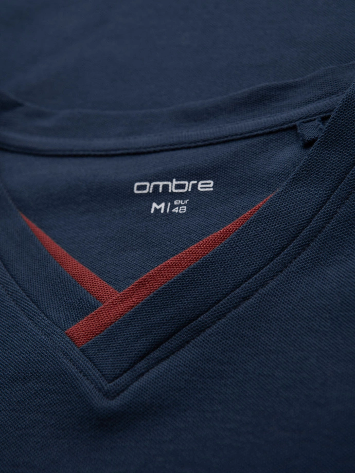 Men's T-shirt with contrasting inserts and v-neck - navy blue V1 OM-TSCT-0198
