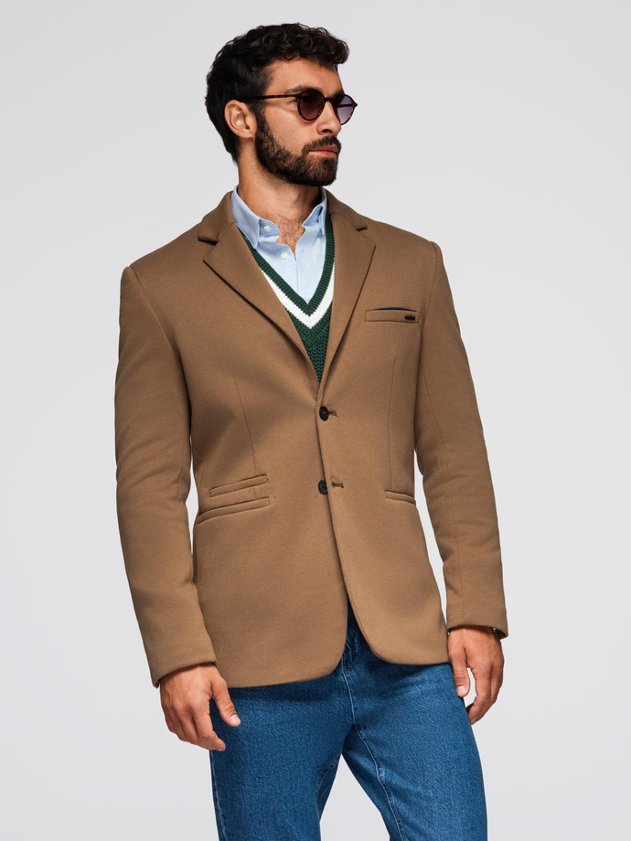 Men's knitted jacket with a fitted cut - light brown V4 OM-BLZB-0100