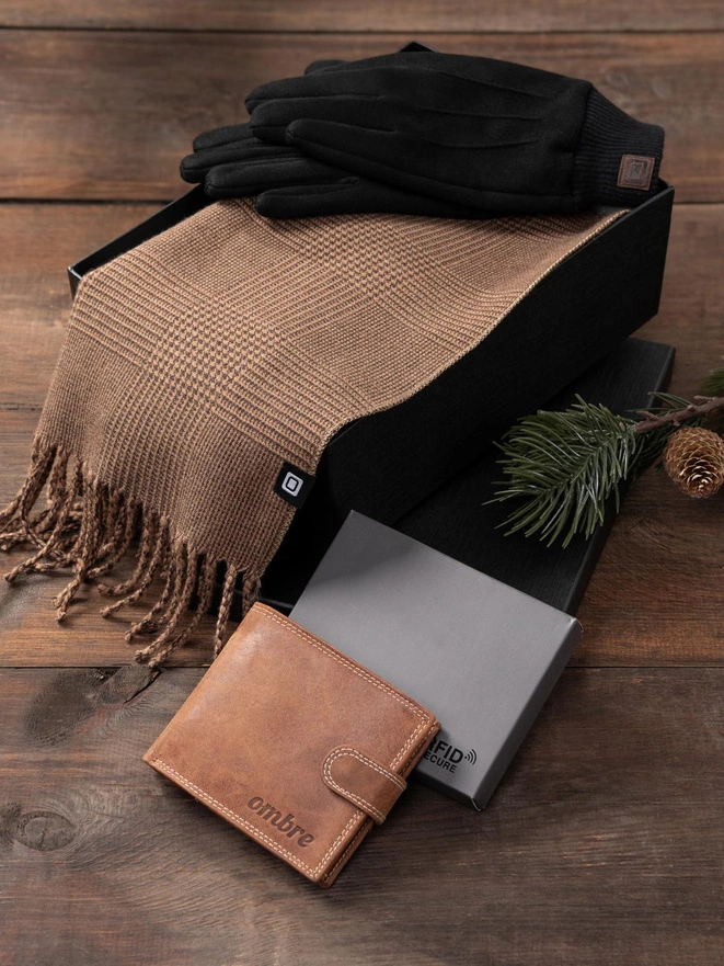 Practical gift set for him - gloves + scarf with tassels + leather wallet - Z95