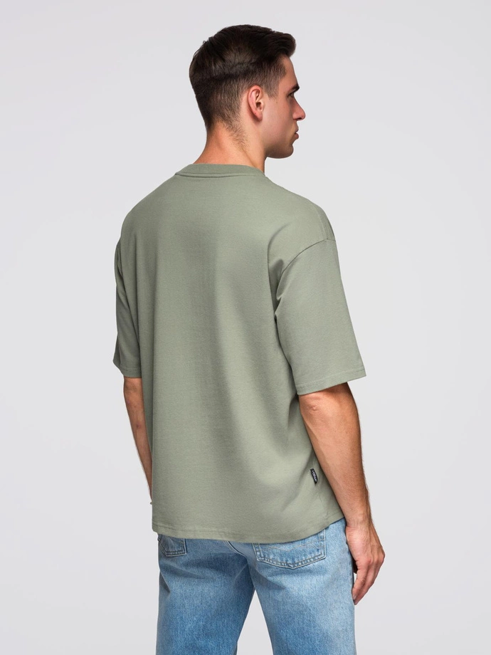 Pánské bavlněné tričko LOOSE FIT s kulatým výstřihem - khaki V8 OM-TSBC-0234