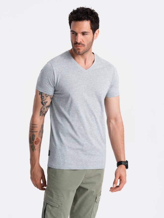Tricou clasic din bumbac pentru bărbați BASIC cu decolteu tip echipaj - gri melange V16 OM-TSBS-0145