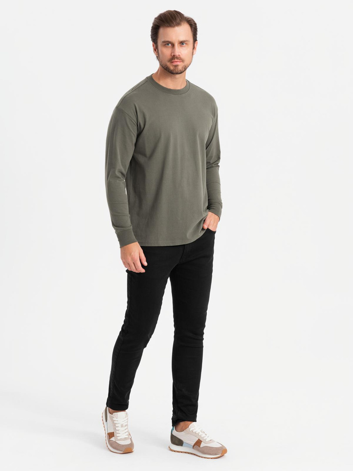 Men's cotton LOOSE FIT longsleeve with round neckline - gray-green V3 OM-LSBC-0129