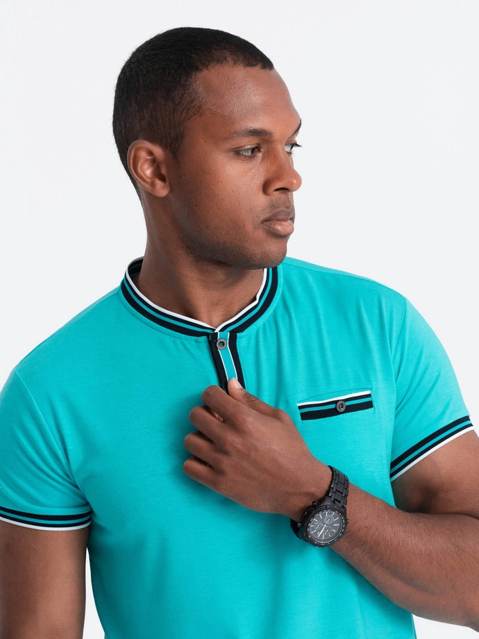 Men's henley t-shirt with decorative ribbing - turquoise V7 OM-TSCT-0175