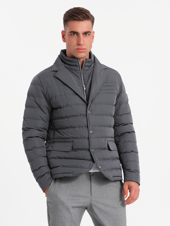 Men's quilted jacket with jacket cut - graphite V2 OM-JALP-0188