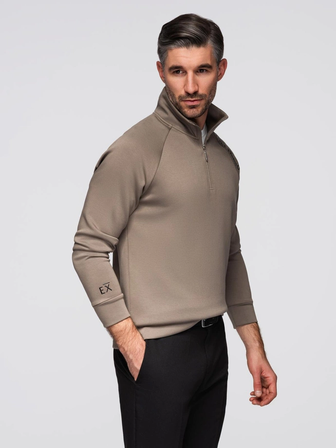Men's sweatshirt with contrasting print and unbuttoned high collar - grey-brown V3 OM-SSZP-0211