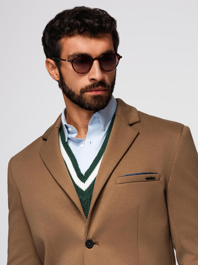 Men's knitted jacket with a fitted cut - light brown V4 OM-BLZB-0100