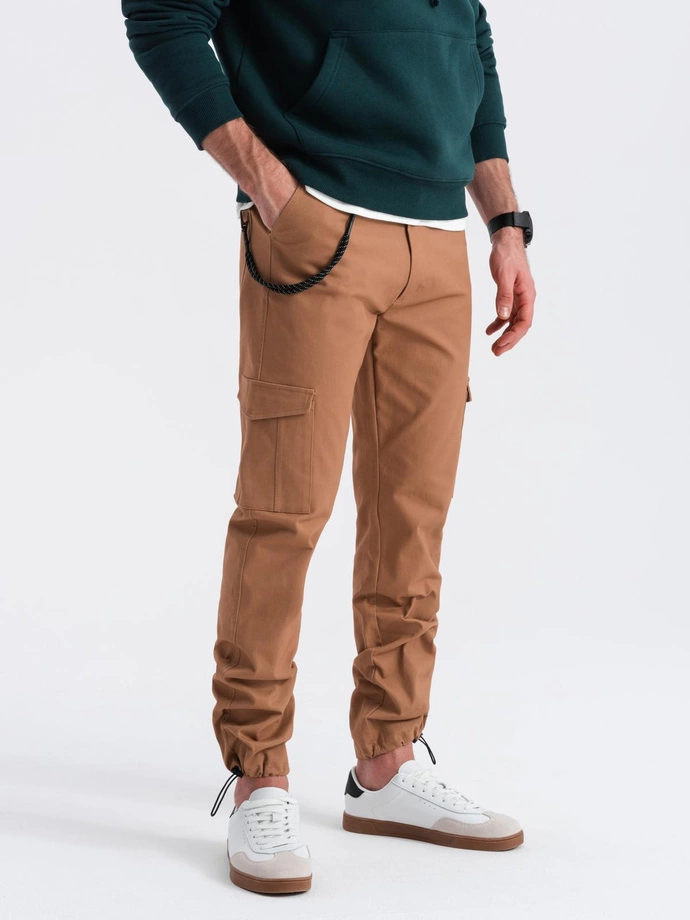 Men's pants with cargo pockets and leg hem - warm brown V2 OM-PACG-0189