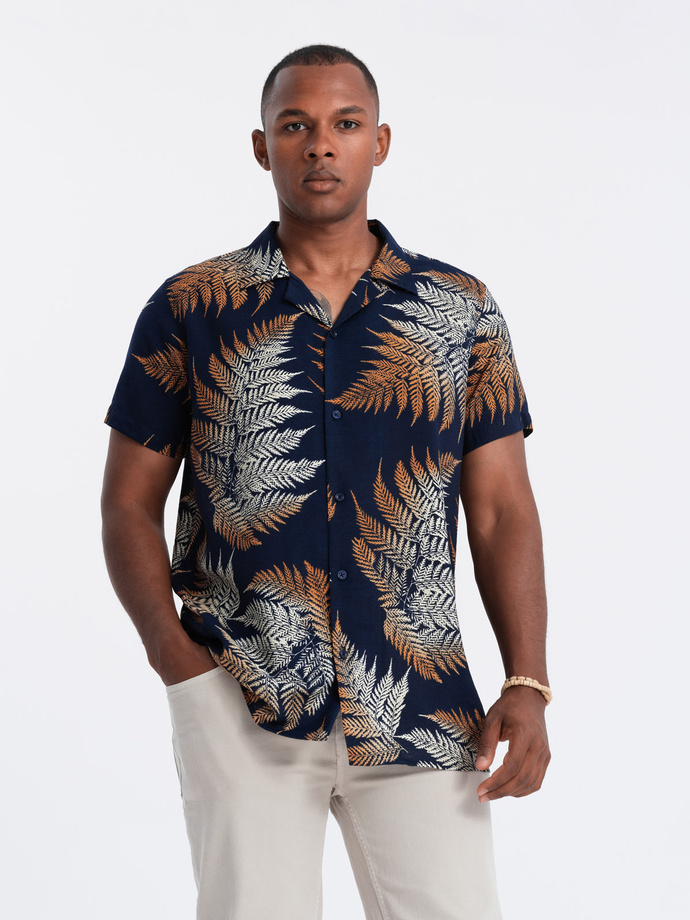 Men's patterned viscose shirt with short sleeves - fern V3 OM-SHPS-0113