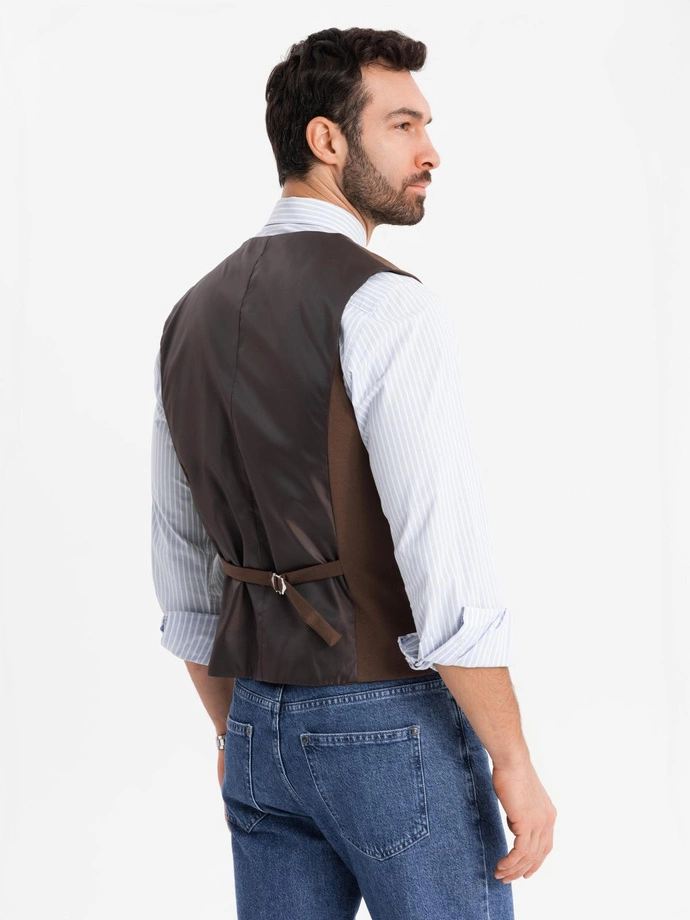 Pánská obleková vesta s klasickými detaily a podšívkou - hnědá V2 OM-BLZV-0142