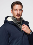 Men's long parka jacket with sheepskin - navy blue V2 OM-JAPJ-0316