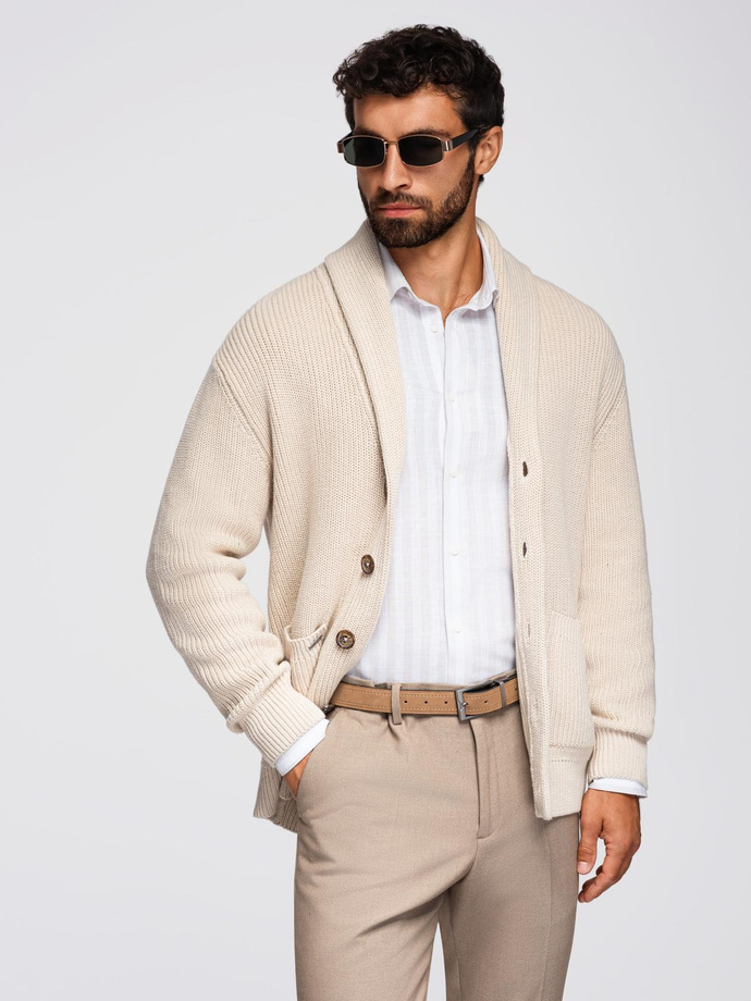 Men's cotton cardigan sweater with shawl collar - beige V2 OM-SWCD-0153