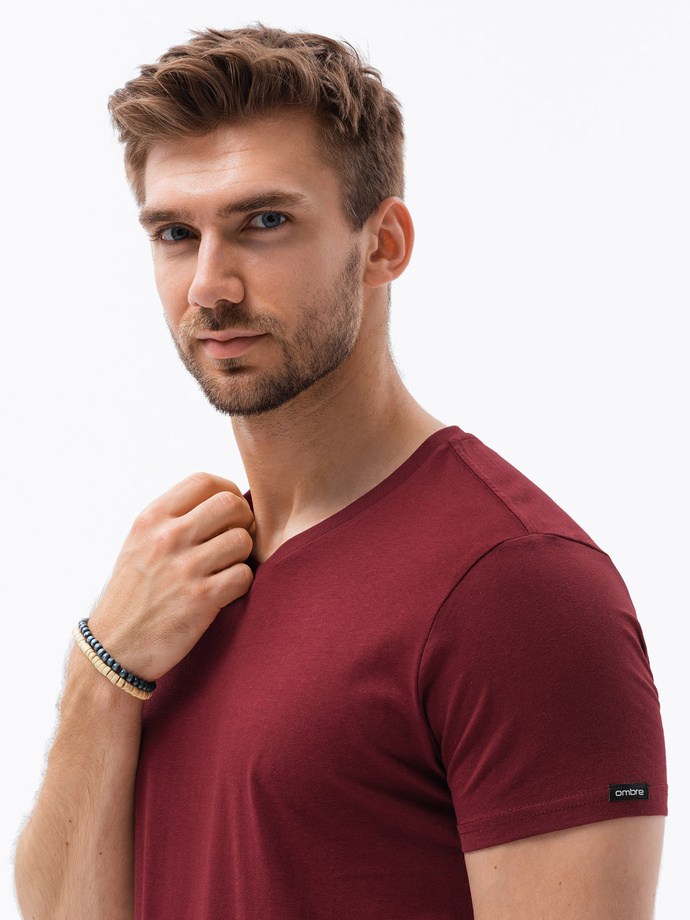 Pánské klasické tričko BASIC s výstřihem do V - bordó V10 S1369