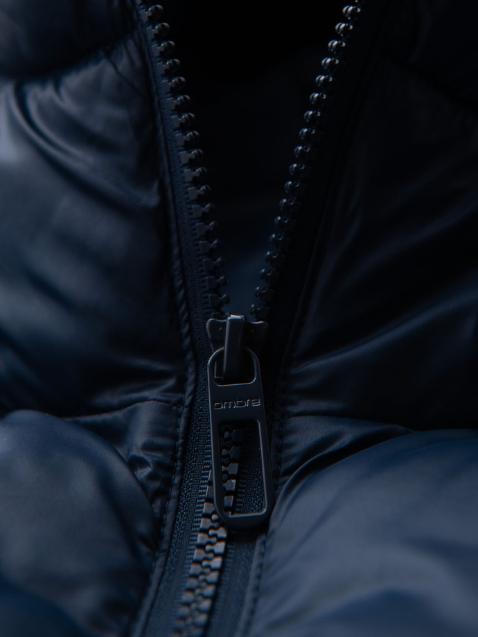 Men's quilted puffer jacket with hood - navy blue V4 OM-JAHP-0235