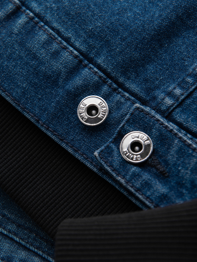 Jachetă din denim pentru bărbați cu mâneci tricotate și glugă - albastru și negru V2 OM-JADJ-0220