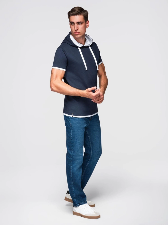 Men's cotton t-shirt with hood - navy blue V4 OM-TSCT-0256