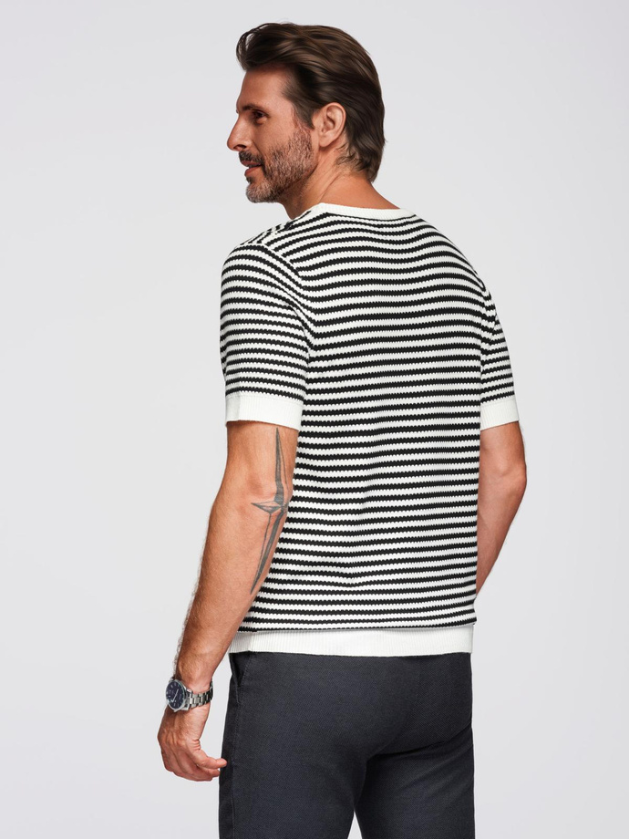 Men's knitted t-shirt with navy stripes and openwork weave - black and white V1 OM-TSCT-0255
