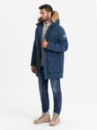 Jachetă parka lungă pentru bărbați cu fermoar pe tiv - albastru marin V5 OM-JALJ-0184