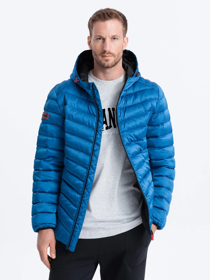 Men's quilted jacket with satin finish - intense blue V6 OM-JALP-0121