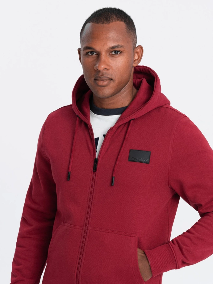 Unzipped men's sweatshirt with hood and patch - red V3 OM-SSZP-0140