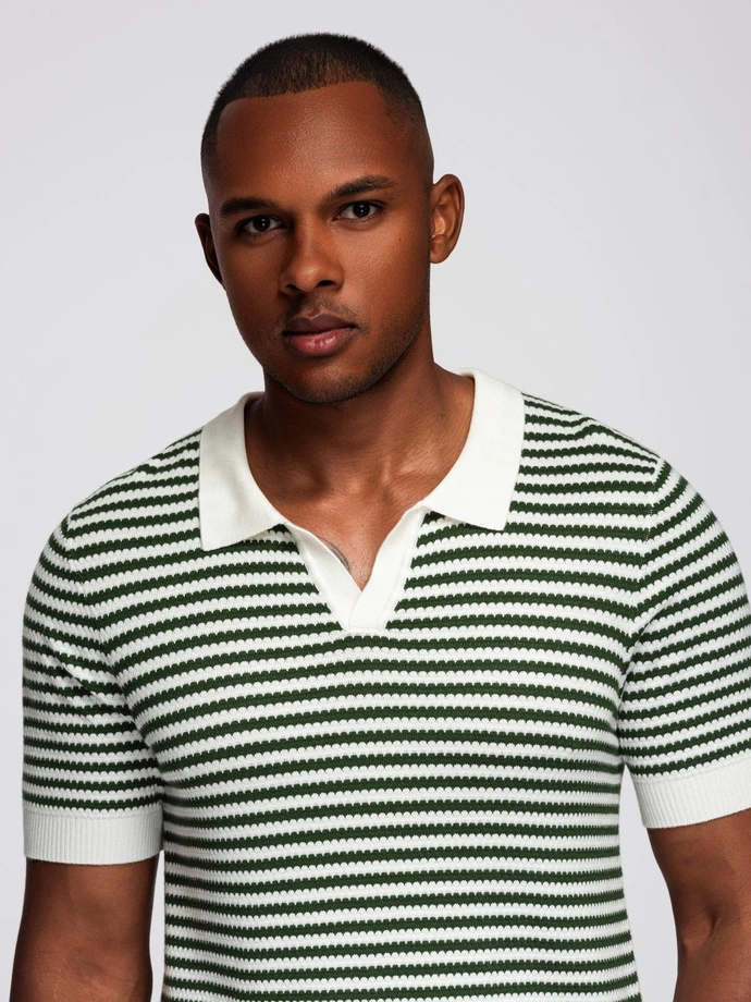 Men's knitted buttonless polo shirt with navy stripes - white and olive V3 OM-POSS-0161