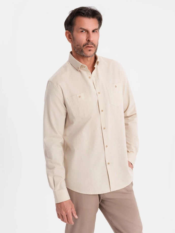 Men's linen shirt with classic collar and pockets REGULAR FIT - cream V3 OM-SHCS-0134