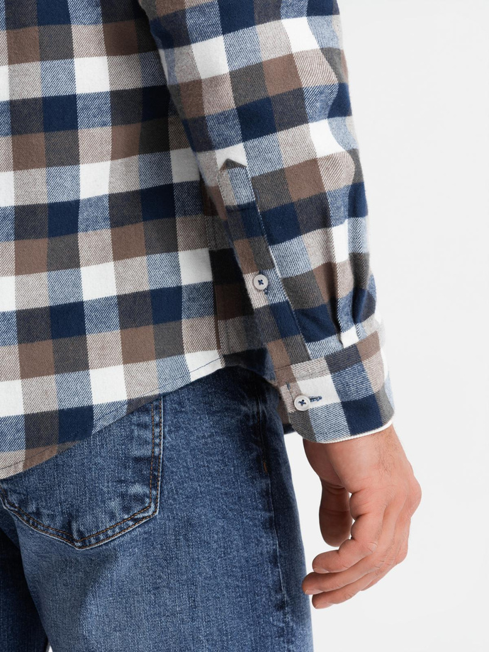 Classic men's flannel check cotton shirt - brown and navy blue V1 OM-SHCS-0157