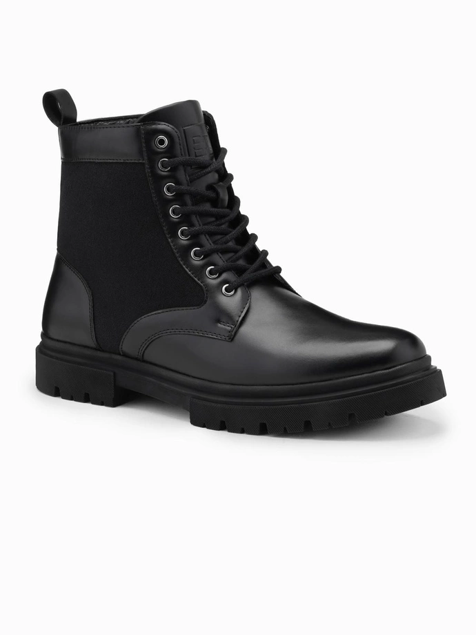 Men's high-top trapper boots with combined materials - black V1 OM-FOBO-0174