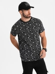 Tricou din bumbac imprimat cu decolteu rotund - negru V2 OM-TSFP-0225