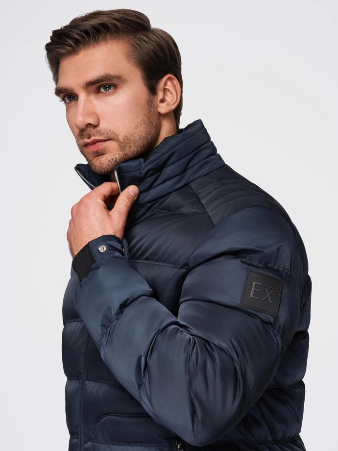 Men's quilted jacket with sheen and stand-up collar - dark blue V2 OM-JALP-0218