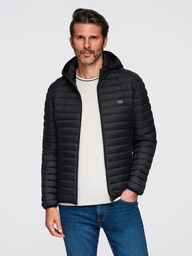 Classic men's quilted jacket with pouch option - black V1 OM-JALP-0295