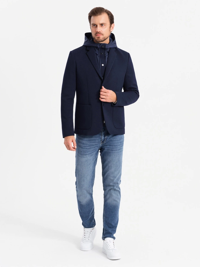 Men's jacket with hooded lining and high collar - navy blue V3 OM-BLZB-0133