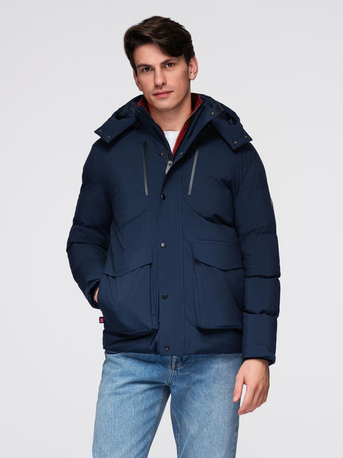Men's winter jacket with detachable hood made of waterproof material - navy blue V1 OM-JAHP-0306