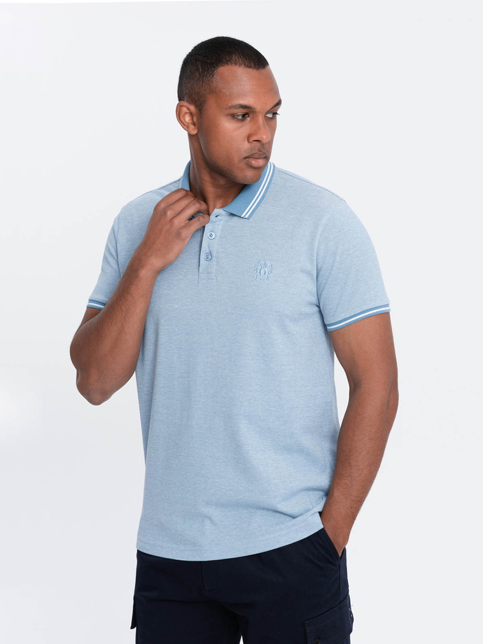 Men's melange polo shirt with striped collar - blue V3 OM-POSS-0109