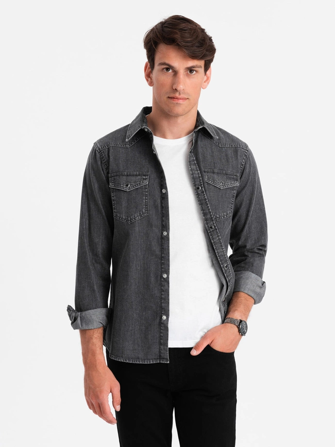 Men's denim snap shirt with pockets - black V3 OM-SHDS-0115