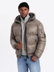 Warm men's puffer jacket with welts - dark beige V3 OM-JAHP-0207