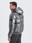 Men's glossy puffer jacket with hood - graphite V2 OM-JAHP-0129