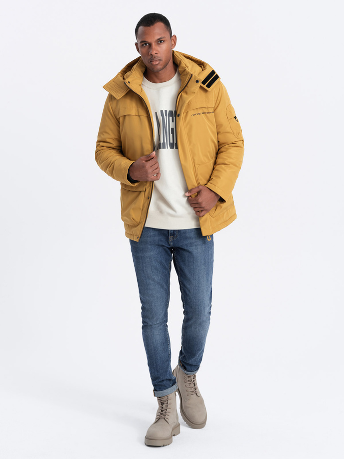 Men's insulated jacket with hood - mustard V2 OM-JAHP-0128