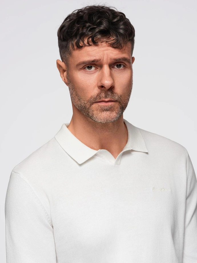 Men's polo sweater with embroidery on chest - white V2 OM-POLS-0140