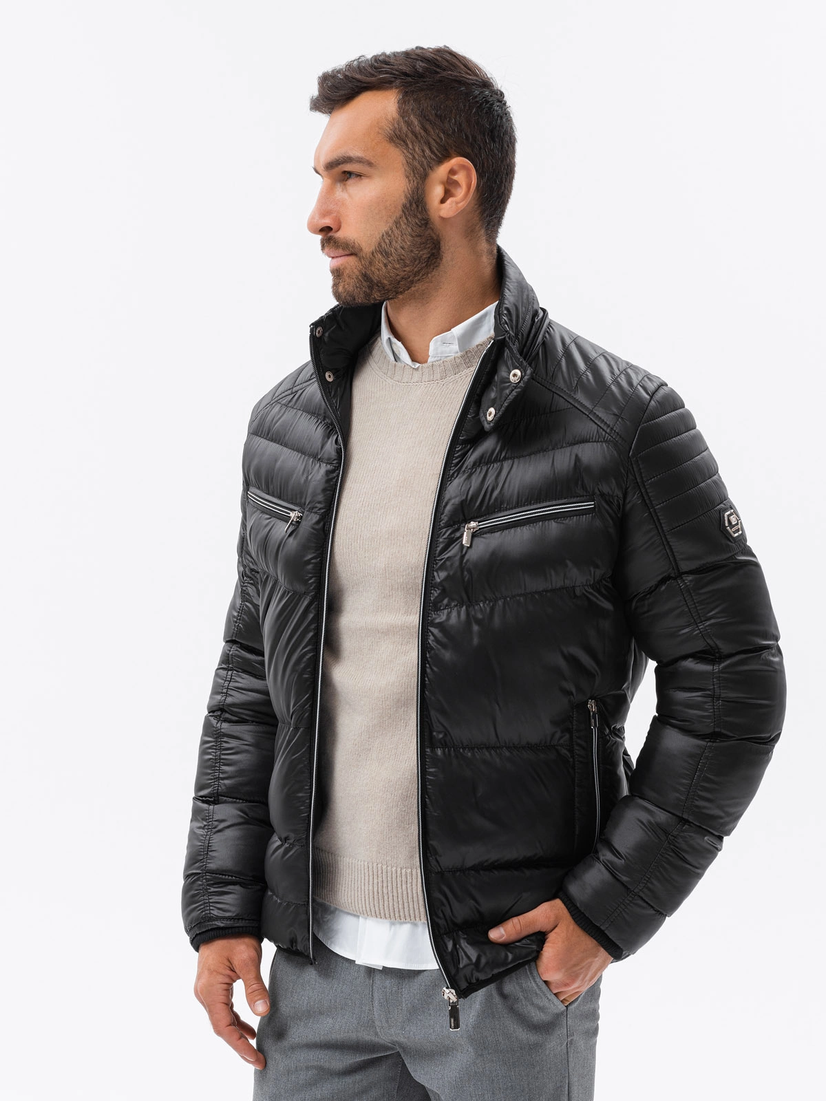 Men's winter quilted jacket with decorative zippers - black V1  OM-JAHP-22FW-010