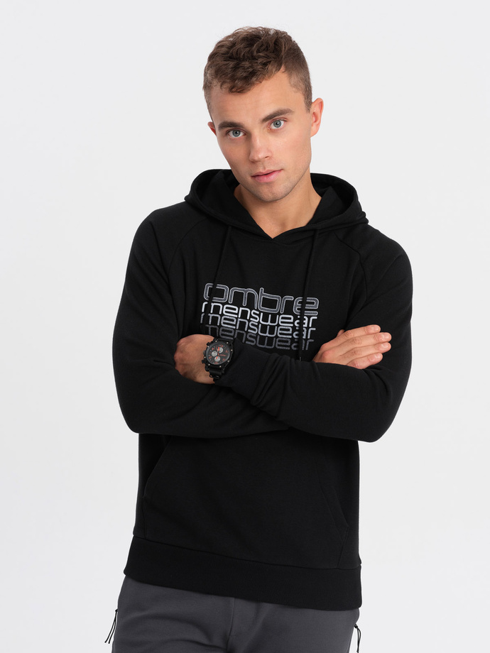 Men's non-stretch hooded sweatshirt with print - black V3 OM-SSPS-0153