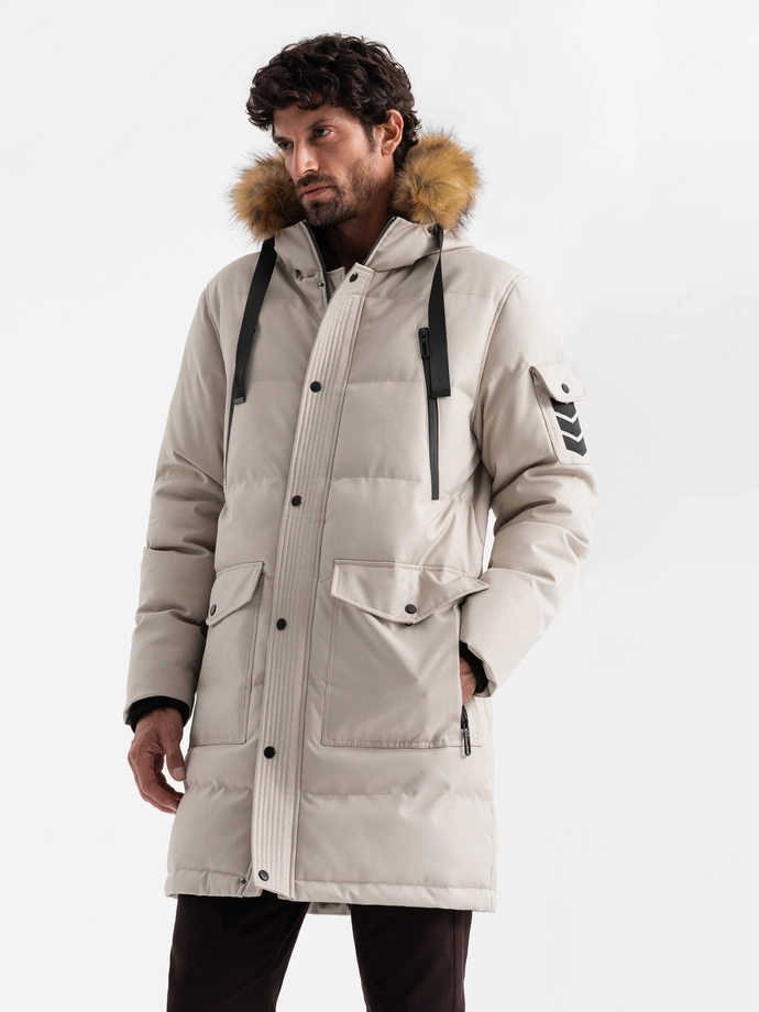 Men's long warm parka jacket with hood - beige V5 OM-JALJ-0182