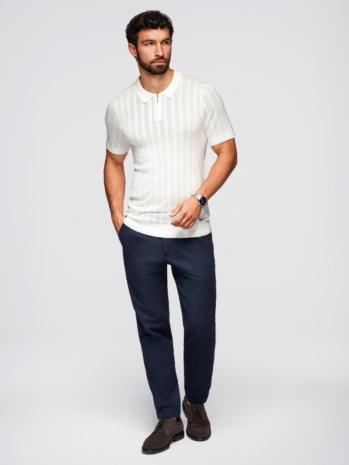 Tricou polo pentru bărbați cu fermoar la decolteu - alb V1 OM-POSS-0158