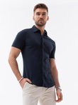 Men's slim fit knit shirt with short sleeves and collar - navy blue V2 OM-SHSS-0100