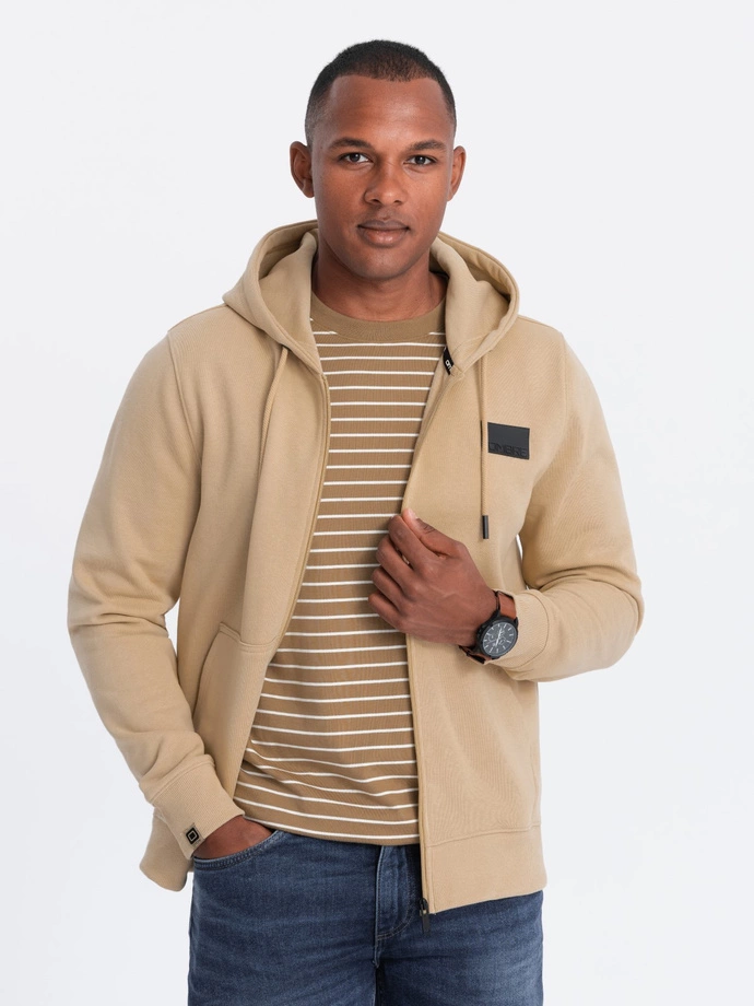 Men's unbuttoned sweatshirt with hood and patch - sand V2 OM-SSZP-0140