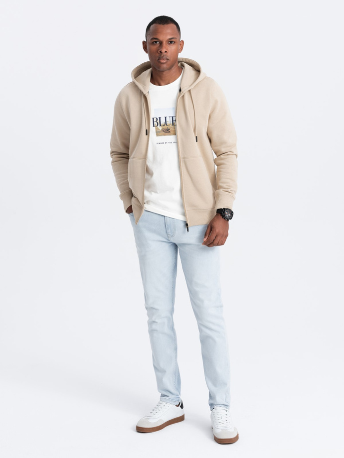 Men's unbuttoned cotton BASIC sweatshirt - beige V6 OM-SSBZ-0160