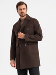 Men's double-breasted coat with decorative buttons - dark brown V3 OM-COWC-0109
